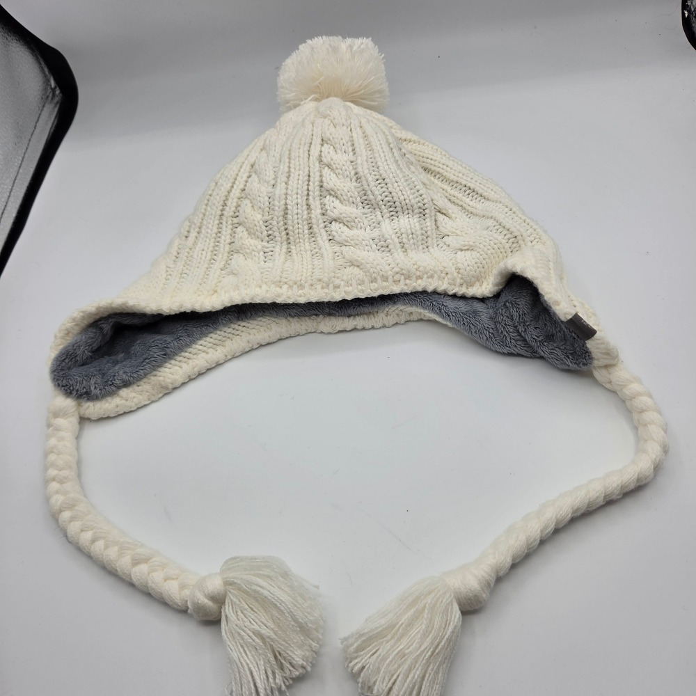 Mountain Hardwear Women Cream Cable Knit Fleece Lined Trapper Pom Earflap Beanie